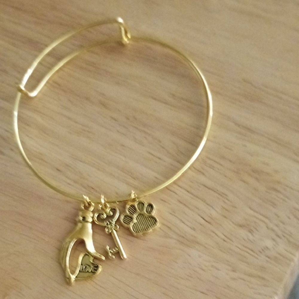 Hand Crafted Gold-tone Paw & Key Charm Bangle Bracelet